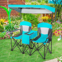 Costway Double Sunshade Folding Chairs 2-Person Camping Fishing Chairs-Turquoise - thumbnail 6