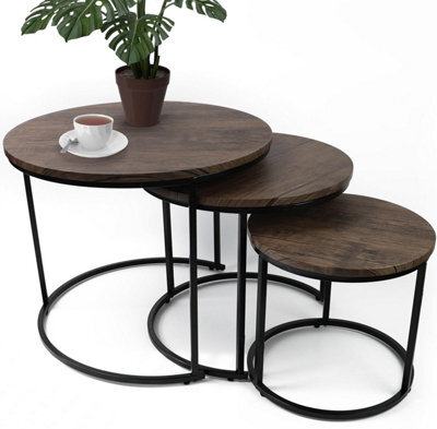 Divchi Round Nesting Set Of 3, Modern Wooden Look With Metal Base Coffee Side Tables - image 1