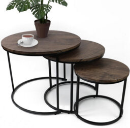 Divchi Round Nesting Set Of 3, Modern Wooden Look With Metal Base Coffee Side Tables - thumbnail 1