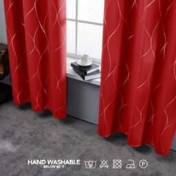 Deconovo Eyelet Curtains, Thermal Wave Line Foil Printed Blackout Material Curtains For Bedroom, 66 X 72 Inch, Red, 2 Panels - thumbnail 3