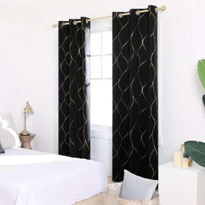 Deconovo Eyelet Blackout Curtains, Gold Wave Foil Printed Curtains, Thermal Curtains For Living Room, 52 X 84 Inch, Black, 1 Pair - image 1