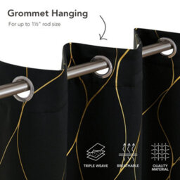 Deconovo Eyelet Blackout Curtains, Gold Wave Foil Printed Curtains, Thermal Curtains For Living Room, 52 X 84 Inch, Black, 1 Pair - thumbnail 3