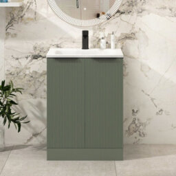 Royal Bathrooms Evora 600mm Sage Green Fluted Floor Standing Bathroom Vanity Unit 2 Door Cabinet Storage With Stone Basin & Matt Black Handles