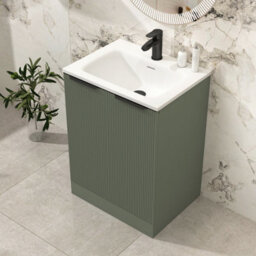 Royal Bathrooms Evora 600mm Sage Green Fluted Floor Standing Bathroom Vanity Unit 2 Door Cabinet Storage With Stone Basin & Matt Black Handles - thumbnail 4