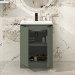 Royal Bathrooms Evora 600mm Sage Green Fluted Floor Standing Bathroom Vanity Unit 2 Door Cabinet Storage With Stone Basin & Matt Black Handles - thumbnail 3
