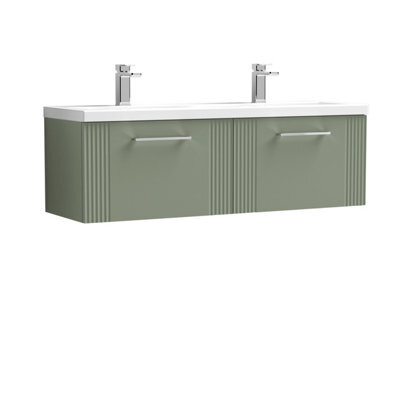 Balterley Belvide Partial Fluted 2 Drawer Wall Hung Vanity Unit With Double Ceramic Basin - 1200mm - Satin Green - image 1