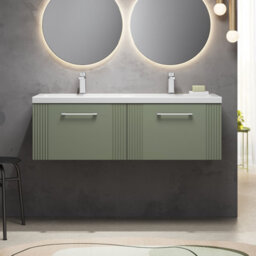 Balterley Belvide Partial Fluted 2 Drawer Wall Hung Vanity Unit With Double Ceramic Basin - 1200mm - Satin Green - thumbnail 2