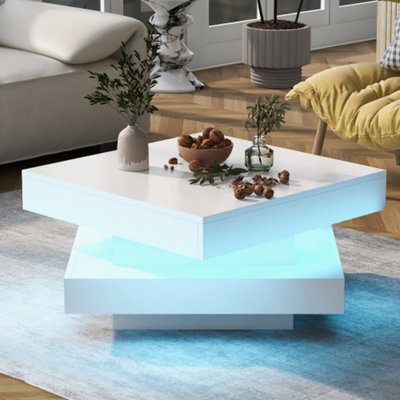 Btm White Square High Gloss Coffee Table With 360 Rotating Top And 16 Color Led Light 70X70X36 Cm - image 1