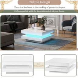 Btm White Square High Gloss Coffee Table With 360 Rotating Top And 16 Color Led Light 70X70X36 Cm - thumbnail 4