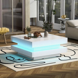 White Square High Gloss Coffee Table With 360 Rotating Top And Led Lights - thumbnail 3