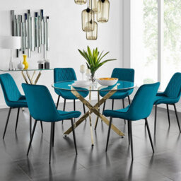 Furniturebox Uk Novara 120Cm Gold Round Dining Table And 6 Blue Pesaro Black Leg Chairs - thumbnail 1