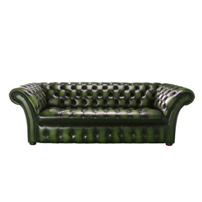 Chesterfield 3 Seater Sofa Buttoned Seat Antique Green Leather In Balmoral Style - image 1