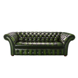 Chesterfield 3 Seater Sofa Buttoned Seat Antique Green Leather In Balmoral Style - thumbnail 1