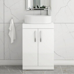 Royal Bathrooms Turin 600mm Freestanding Bathroom Vanity Unit With Sink 2 Door Gloss White & Peak Countertop Basin - thumbnail 1