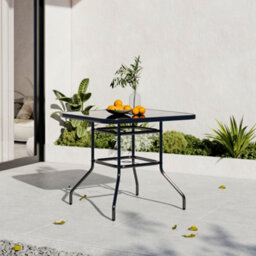 Breeins 80Cm W Square Wrought Iron Style Outdoor Garden Table With Tempered Glass Top And Parasol Hole, Black - thumbnail 2
