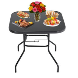 Breeins 80Cm W Square Wrought Iron Style Outdoor Garden Table With Tempered Glass Top And Parasol Hole, Black - thumbnail 3
