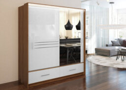 Arte Amsterdam 208Cm Sliding Door Wardrobe - Walnut Frame, White High Gloss & Mirror Finish