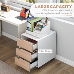 HOMCOM Mdf Mobile File Cabinet W/ 3 Drawers Locking Wheels Metal Rails Oak Tone White - thumbnail 4