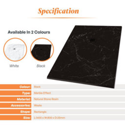 Plum&clay Pia Rectangle Black Marble Effect Shower Tray (L)1400mm (W)800mm (H)25mm - thumbnail 6