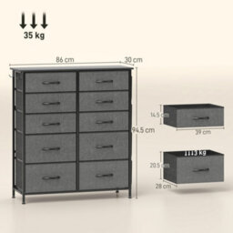Homcom Fabric Chest Of Drawers, 10 Drawer Dresser For Bedroom, Charcoal Grey - thumbnail 3