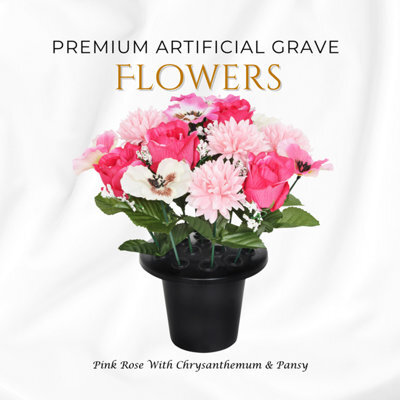 Premium Artificial Grave Flowers - 25Cm Pink Rose With Chrysanthemum & Pansy Memorial Vase Pot