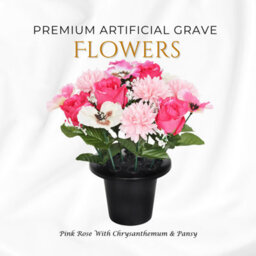 Premium Artificial Grave Flowers - 25Cm Pink Rose With Chrysanthemum & Pansy Memorial Vase Pot