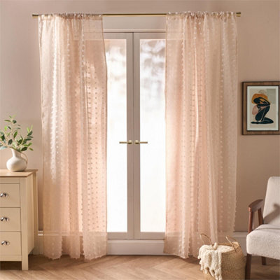 "Natual Pompom Tufted Voile Net Curtains Pair 2 Window Panels Slot Top Set 55"" Wide" - image 1