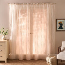 "Natual Pompom Tufted Voile Net Curtains Pair 2 Window Panels Slot Top Set 55"" Wide" - thumbnail 2