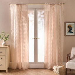"Natual Pompom Tufted Voile Net Curtains Pair 2 Window Panels Slot Top Set 55"" Wide"