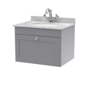 Balterley Swynnerton Traditional 1 Drawer Wall Hung Vanity Unit With Marble Basin, Satin Grey, 600mm - image 1