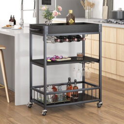 Huhote Sleek 3 Tier Bar Cart With Wine Rack And Wheels For Dining Living Room Outdoor Serving Trolley Kitchen Storage Carts Black