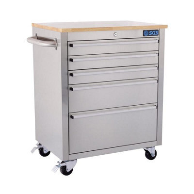 Sgs 26In Deluxe Roller Tool Cabinet, Stainless Steel, 5 Drawers, Sliders & Lock - image 1