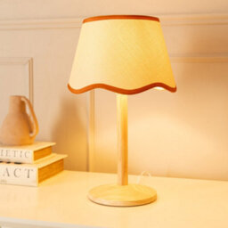 Valuelights Triston Natural Light Wood Stem Table Lamp With Scallop Rust Trim Tapered Lamp Shade And Led Bulb