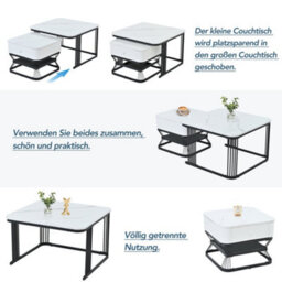 Abrihome Set Of 2 Nesting Coffee Tables Marble Effect Square, Side Tables With Drawer And Shelf, Black Metal Frame Space Saving Nest, White - thumbnail 7