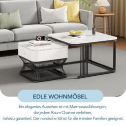 Abrihome Set Of 2 Nesting Coffee Tables Marble Effect Square, Side Tables With Drawer And Shelf, Black Metal Frame Space Saving Nest, White - thumbnail 4