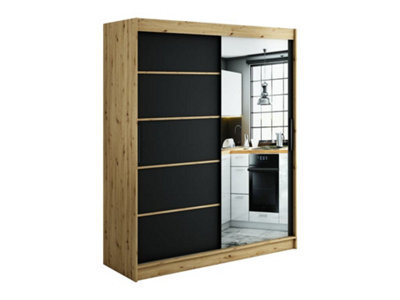 Arte Leto V2 Contemporary 2 Sliding Mirror Door Wardrobe 9 Shelves 2 Rails Black Matt And Oak Effect (H)2000mm (W)1800mm (D)620mm - image 1