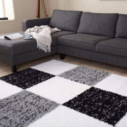 The Rugs Black Grey And Ivory Soft Checkerboard Design Fluffy Shaggy Rugs And Runners High Pile Living Room Kitchen Hallway 381 - thumbnail 8