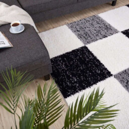 The Rugs Black Grey And Ivory Soft Checkerboard Design Fluffy Shaggy Rugs And Runners High Pile Living Room Kitchen Hallway 381 - thumbnail 7