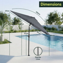 Keplin 2M Tilting Parasol Umbrella With Crank & Tilt, Steel Frame Sun Shade With Cover, 180G Uv-Resistant Polyester, Grey - thumbnail 9