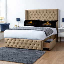 UKBEDFURNITURE Jasmine Beige Plush Wingback Divan Bed Base With 54 Inch Headboard - No Storage - thumbnail 2