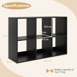 Costway 6-Cube Bookshelf 3-Tier Cubby Bookcase With Back Guardrail & Anti-Tipping Kits-Black - thumbnail 2