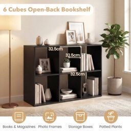 Costway 6-Cube Bookshelf 3-Tier Cubby Bookcase With Back Guardrail & Anti-Tipping Kits-Black - thumbnail 3