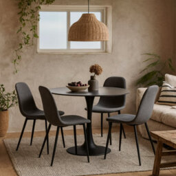 Wyld Haus Mombasa 900mm Matt Black Ceramic Round Dining Table With 4 Light Grey Fabric Chairs - thumbnail 2