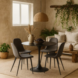 Wyld Haus Mombasa 900mm Matt Black Ceramic Round Dining Table With 4 Light Grey Fabric Chairs - thumbnail 1