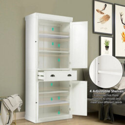 Freestanding Pantry Cupboard Wood Tall Storage Cabinet W/ 2 Doors White - thumbnail 6