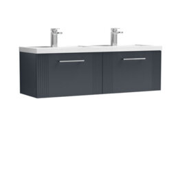 Balterley Belvide Partial Fluted 2 Drawer Wall Hung Vanity Unit With Double Polymarble Basin - 1200mm - Satin Dark Grey - thumbnail 1