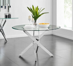 Furniturebox Novara 120Cm 4 6 Seater Round Glass Dining Table With Silver Chrome Metal Angled Starburst Legs For Modern Dining Room