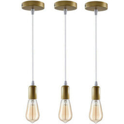 3 Pack Gold Industrial E27 Pendant Lights Adjustable Vintage Ceiling Lamp Holders For Kitchen, Bedroom & Conservatory