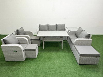 Fimous Pe Rattan Garden Furniture Set Reclining Chair Double Love Seat 2 Seater Sofa Lounge Set 3 Stools Side Table Light Grey - image 1