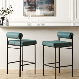 Wyld And Coco Novahome Teal Bar Chair Set Of 2 With Roll Backrest, Armless, Compact Velvet-Effect Fabric, Matt Iron Legs - thumbnail 2